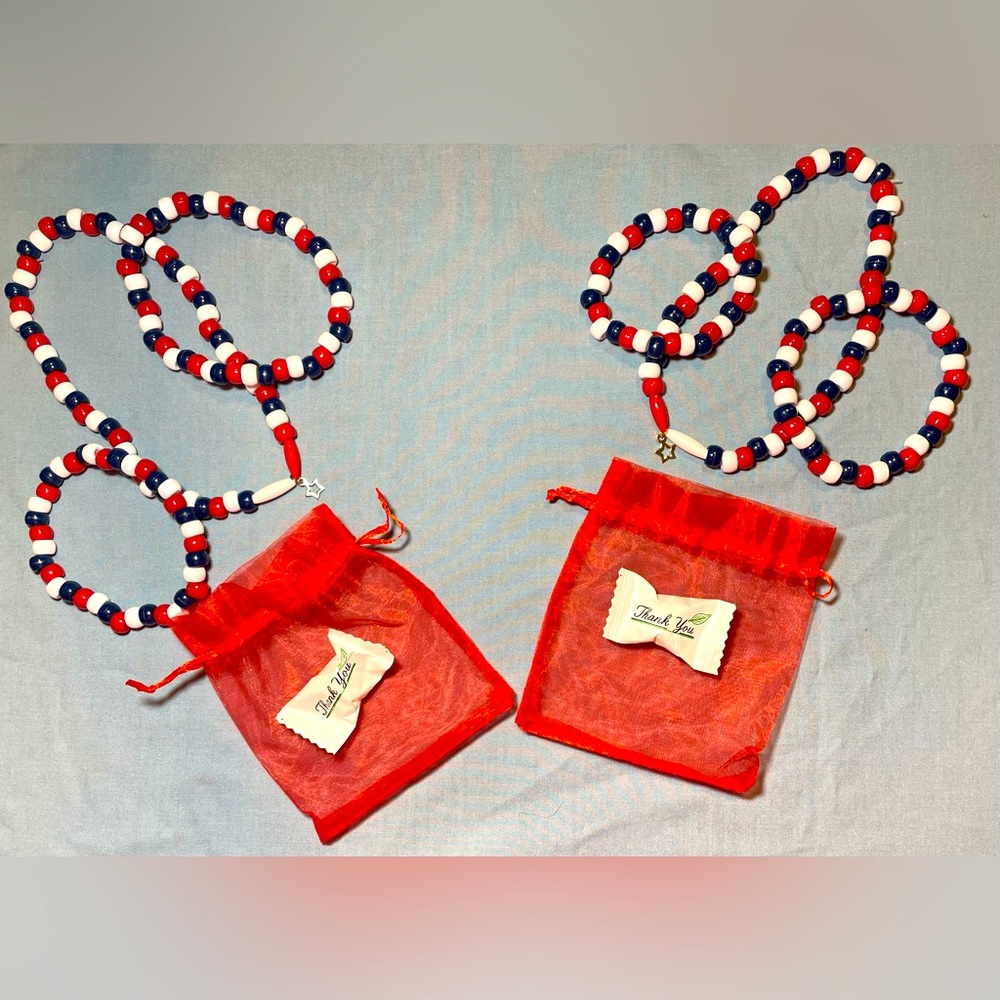 3-pc. Red, white, and blue bead choker, anklet, and bracelet set w/ charm.